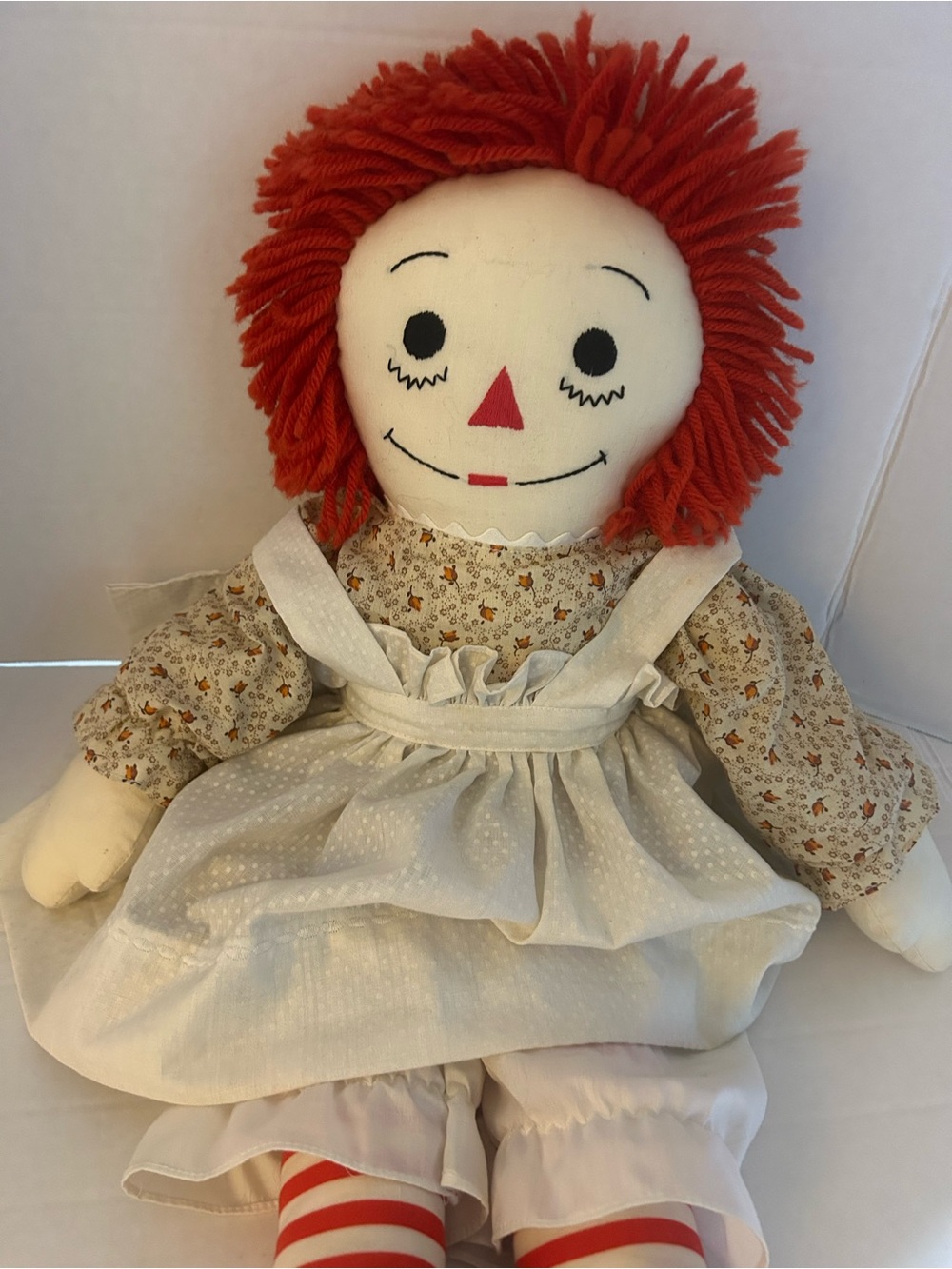 Vintage Raggedy Ann 24” Cloth Rag Doll Smock Dress Red Yarn Hair Handmade